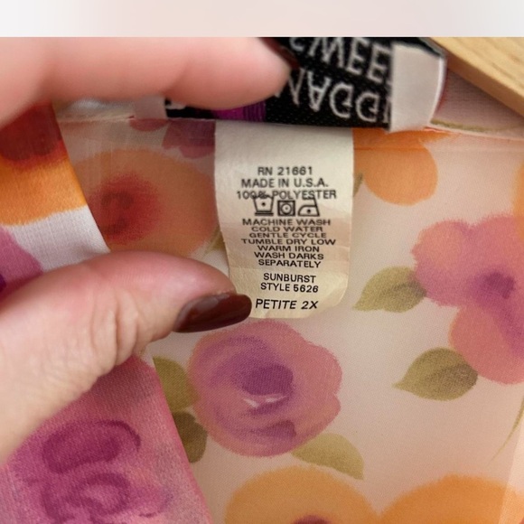 Vintage Pastel Floral Print Sheer Long Botton Down Blouse Collard Size *2XL - Picture 7 of 7